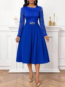 SHEIN Lady 女式不对称领口撞色蕾丝长袖优雅中长连衣裙 - 寶藍色 - 查看 4