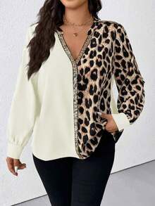 Plus Size Women Leopard Print Patchwork V-Neck Long Sleeve Fashion Shirt - Apricot - View 4