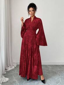 Elenzga Elegant, Vintage-Style Embossed Brocade Robe With Flared Sleeves, Slim-Fitting Waistline, And A Slit Skirt. - Red - View 3
