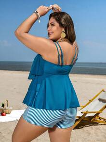 Swim Lushoire Plus Size Solid Color Swimsuit Set For Women, Green Tankini With Removable Straps & Striped Print Bottoms - Green - View 2