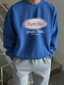 DAZY Men's Letter Print Round Neck Boxy Short Sweatshirt, Autumn/Winter - Royal Blue - View 2