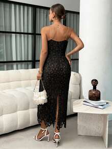 Lavishia Women's Floral Asymmetrical Lace Hollow Out Spaghetti Strap Mid-Length Dress - Black - View 2