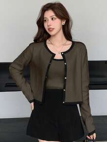DAZY Bộ 2 áo len cardigan không tay màu tương phản thanh lịch dành cho nữ, mùa thu - Cà phê nâu - Xem 3