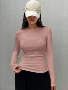 FRIFUL Áo thun nữ cổ tròn tay dài màu trơn có lót nhiệt, mùa đông - Hồng - Xem 5