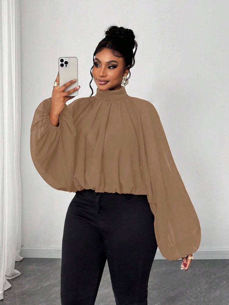 Maweii Plus Size Elegant Solid Color Pleated Lantern Sleeve Blouse