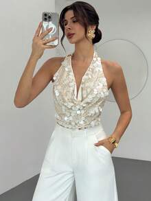 Firerie 女士时尚性感亮片露背吊带背心 - 杏色 - 查看 3