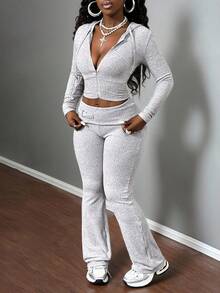 BamGleam 女式纯色长袖拉链连帽上衣和裤子休闲两件套 - 灰色 - 查看 4