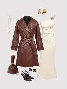 SHEIN MOD Women's Casual Notched Collar Double-Breasted Trench Coat, Autumn/Winter,Halloween Clothes ,Christmas Party Dress,New Year Women's Clothes,Thanksgiving,Belt,Mid-Length Trench Coat,Brown Trench Coat,Casual,Warmth - Brown - View 1