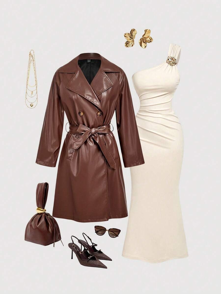 SHEIN MOD Women's Casual Notched Collar Double-Breasted Trench Coat, Autumn/Winter,Halloween Clothes ,Christmas Party Dress,New Year Women's Clothes,Thanksgiving,Belt,Mid-Length Trench Coat,Brown Trench Coat,Casual,Warmth - Brown - View 1