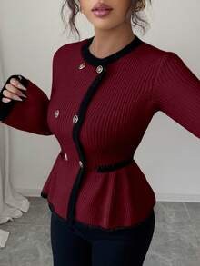 Elenzga Women's Elegant Round Neck Front Button Design Contrast Color Sweater - Burgundy - View 7