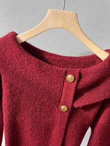 Franclia Femmes Hiver Élégant Couleur Unie Vin Rouge Jujube Col Rond Col Châle Épaule Unique Deux Voies Ajustement Manches Longues Bouton Métallique Faux Rabat Design Taille Courte Tricot Pull Automne Hiver - Rouge - Voir 3
