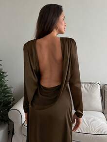 Aloruh 女士优雅性感露背长袖连衣裙，咖啡色，适合约会和派对，秋冬季 - 咖啡 - 查看 5