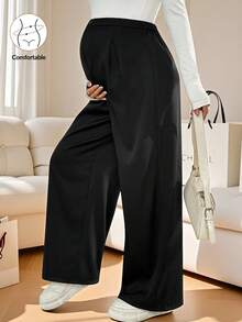 SHEIN 孕妇高腰褶皱阔腿宽松休闲裤 - 黑色 - 查看 3