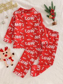 2 Stücke Mädchen Weihnachts Herz & Polka Punkt Muster Satin Pyjama Set, schwer entflammbar, Langarm Oberteil und Hose, elegante rote Serie - Rot - Übersicht 2