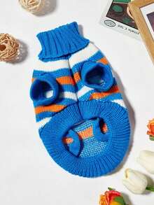 PETSIN 1件蓝色条纹可爱宠物毛衣节日秋冬厚款保暖休闲宠物服装 - 藍色 - 查看 2