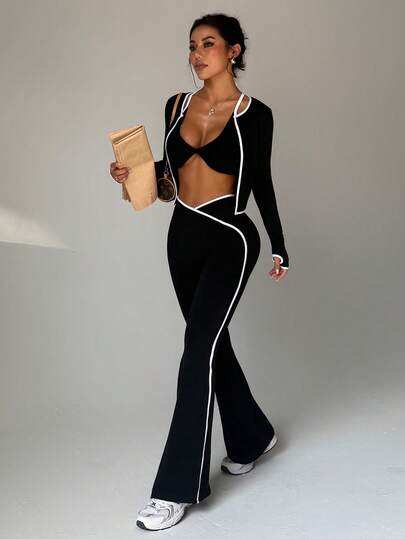 Slayform 女式无缝撞色边长袖喇叭裤运动套装