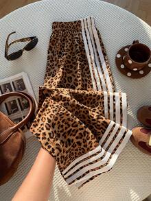 Attitoon 休闲运动风格刺绣贴布，复古拼色条纹豹纹低腰阔腿裤，适合运动、返校、复古、性感、可爱、Y2K、椰子女孩、波西米亚风、嬉皮士、音乐节、秋冬 - 棕色 - 查看 8