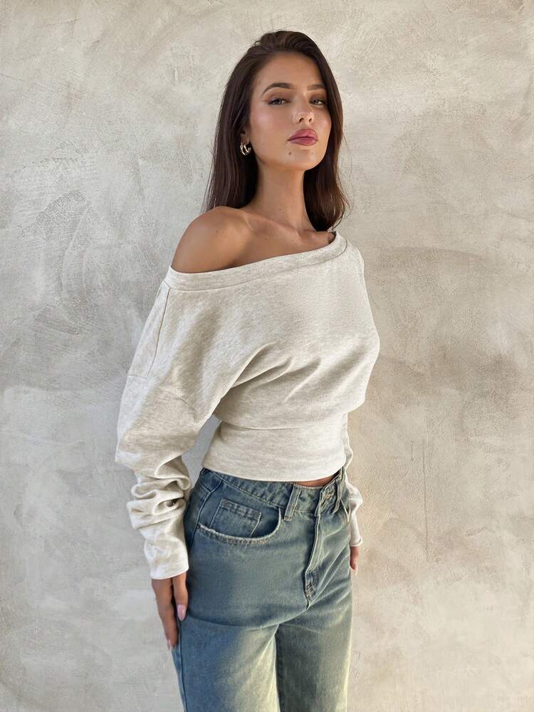 Aloruh Top de manga larga asimétrico de hombro de punto de color albaricoque para mujer, otoño/invierno - Albaricoque - Añade 4