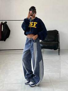 SHEIN Tall Women's Striped Belt Loop Loose Fit Jeans - Blue - View 4