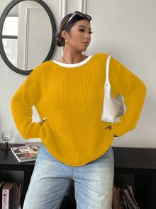 Elenzga 大码女式休闲蝴蝶结圆领长袖毛衣，秋冬 - 黃色 - 查看 3