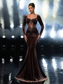 Glamrae Đầm dạ hội dài tay xếp ly bằng nhung co giãn, sang trọng, đính cườm, sequin và ren, thích hợp cho đám cưới, tiệc tùng, kỳ nghỉ, dạ hội, dạ tiệc buổi tối (đính kết cầu kỳ), ngày Valentine. - Cà phê nâu - Xem 5