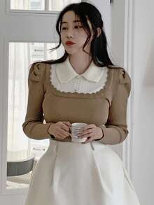 DAZY 法式彼得潘领层叠上衣，二合一泡泡袖毛衣，女款，秋冬 - 駝色 - 查看 5