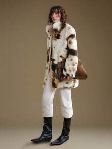 Ontre 2025 Women's Khaki Faux Fur Cow Print Oversized Long Sleeve Lapel Collar Jacket,Brown And White Polka Dot,Winter,Elegant,Date,Old Money Style Coat - Khaki - View 4