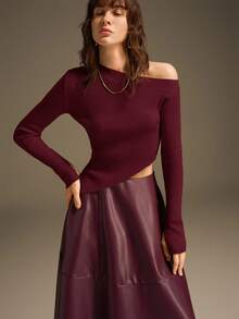 Ontre 女士纯色不对称肩部修身针织上衣，酒红色，适合工作、休闲、派对、情人节等多种场合