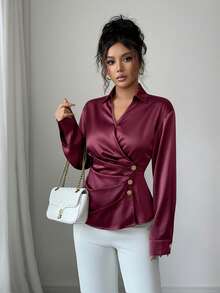 Elenzga Blusa elegante de mujer con cuello en V, cintura fruncida y manga larga, color borgoña, tela brillante, para Navidad