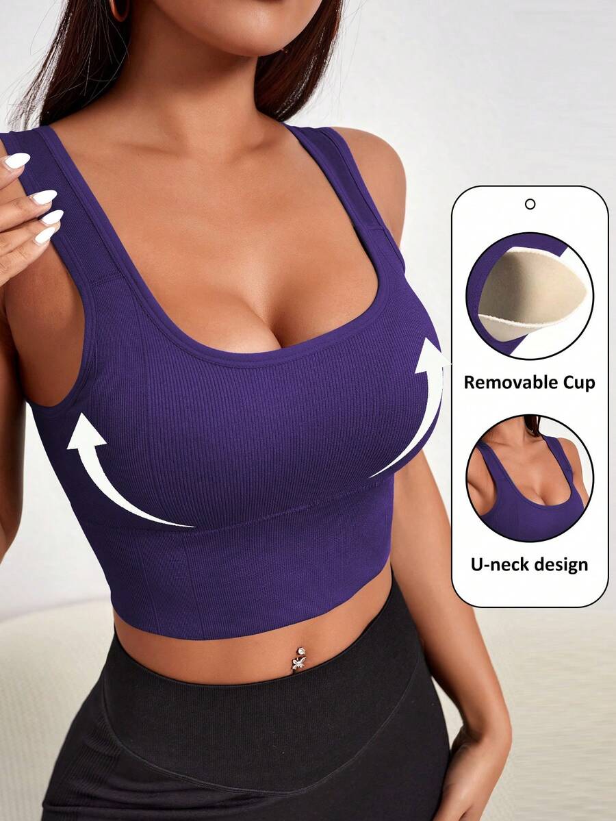 Core Rhythm Sutien sport cu imprimeu nervurat, fără cusături, pentru femei, culoare uni