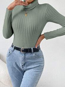 Chiquease Bộ đồ liền thân dài tay cổ lọ màu trơn có gân dành cho nữ - Màu xanh Bạc hà - Xem 4