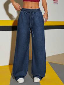 SHEIN ICON Elastic Waist Loose Washed Women Denim Jeans - Dark Wash - View 4