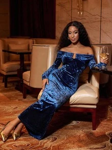 Lureya Women's Fashion Off-Shoulder Hollow-Out Elegant Sexy Bodycon Maxi Dress, Revealing Charming Curves,Autumn/Winter,Thermal,Warm,Cold Weather Clothes