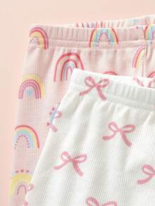 SHEIN 4 件套女婴可爱猫咪图案荷叶边圆领长袖睡衣套装，柔软舒适 - 彩色 - 查看 3