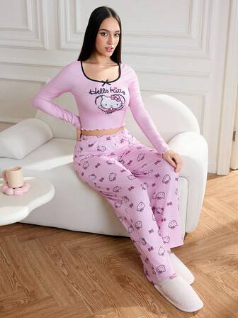 HELLO KITTY AND FRIENDS | SHEIN Damkläder Höst- och vinterkläder Kattmönster Långärmad topp och byxor Pyjamasset Sovkläder Dam 2-delat set Pyjamasset för kvinnor Långärmad dampyjamasset Dampyjamasset Bomull