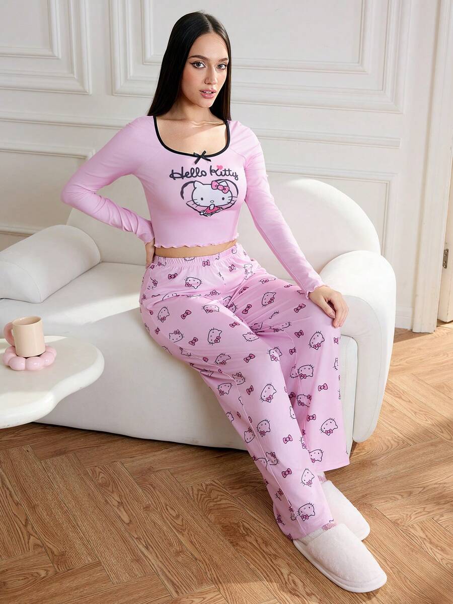 HELLO KITTY AND FRIENDS | SHEIN Women Fall & Winter Clothes Cat Print Long Sleeve Top & Pants Pajama Set Sleep Wear Women 2 Pieces Set Pj Sets For Women Long Sleeve Women Pajamas Set Women Pj Sets Cotton - Pink - View 1