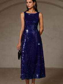 Aveloria Rosie 秋季亮片露背无袖派对性感连衣裙，优雅英伦风 - 藍色 - 查看 5