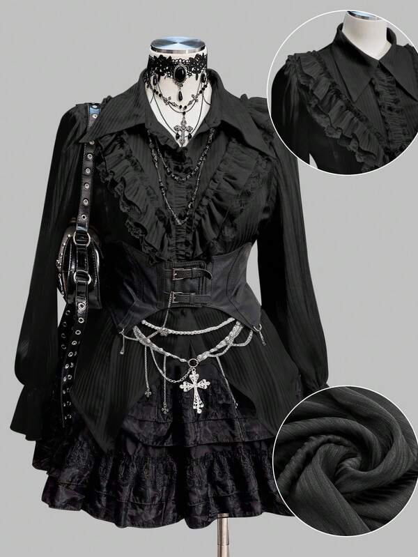 Sunspun Plus Size Elegant Princess Style Collared Ruched Front Long Sleeve Puff Sleeve Ruffle Trim Satin Blouse For Women, Suitable For Formal Gatherings