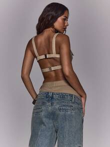 MUSERA Buckle Strap Detail Faux Leather Bralet Autumn Winter Fall Going Out Everyday Night Out Casual Cool Streetwear Washed Elegant Festive, Holiday,