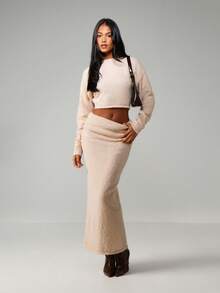 MISSGUIDED Conjunto de punto acogedor de dos piezas con suéter corto y falda maxi para otoño e invierno - Beis - Ver 1