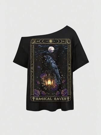 Große Größen Gothic Dunkel Krähe Rose Tarotkarte Sexy asymmetrische Schulter Schwarz einfarbiges Basis Street Vintage asymmetrische Schulter T-Shirt