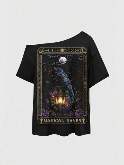 Plus Size Gothic Dark Crow Rose Tarot Card Sexy Asymmetrical Shoulder Black Solid Basic Street Vintage Asymmetrical Shoulder T-Shirt