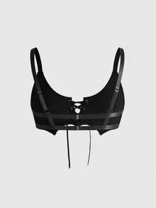 ROMWE Áo ngực hở vai hở vai kiểu Gothic Punk PU gợi cảm cho nữ - màu đen - Xem 2