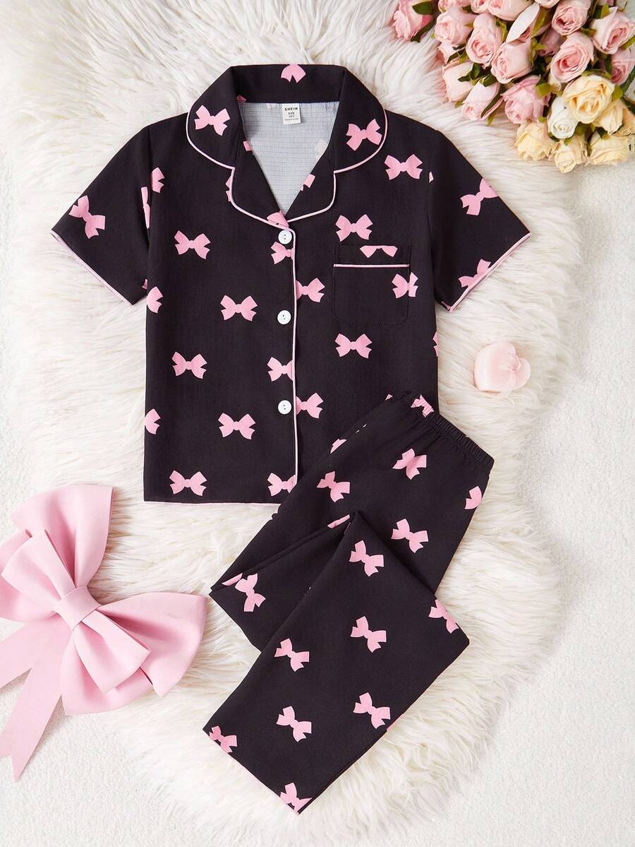 SHEIN Genkimix Kids Tween Girls' Apricot Cute Cherry Print Long Pants And Short Sleeve Casual Loose 2 Pieces Pajama Set - Black - View 1