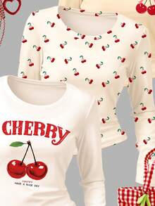 SHEIN Leap Crew 3 件复古迷你樱桃海滩图案 T 恤，多巴胺配色方案，奶油黄，奶油白，复古甜美，少女休闲修身高腰短款长袖 T 恤套装，适合秋冬季、所有季节、返校、音乐节、户外、休闲、街头风格、家居、校园 - 彩色 - 查看 3