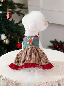 PETSIN Christmas Reindeer Plaid Pet Suspender Skirt, Cute Dog Cat Holiday Dress Skirt - blue-green - View 12