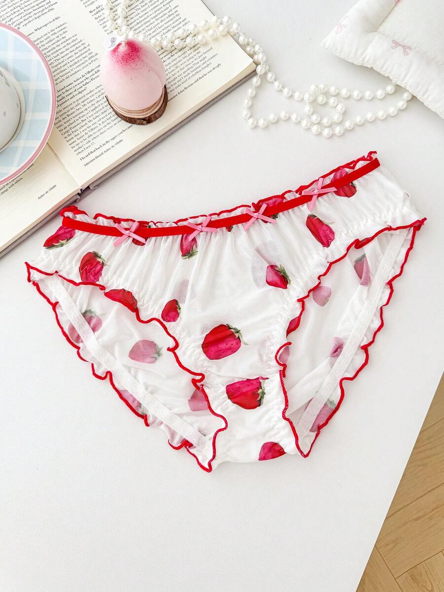 FairyFlirt 1pc Lightweight Strawberry Bow Design Girls' Panty - Red and White - View 1