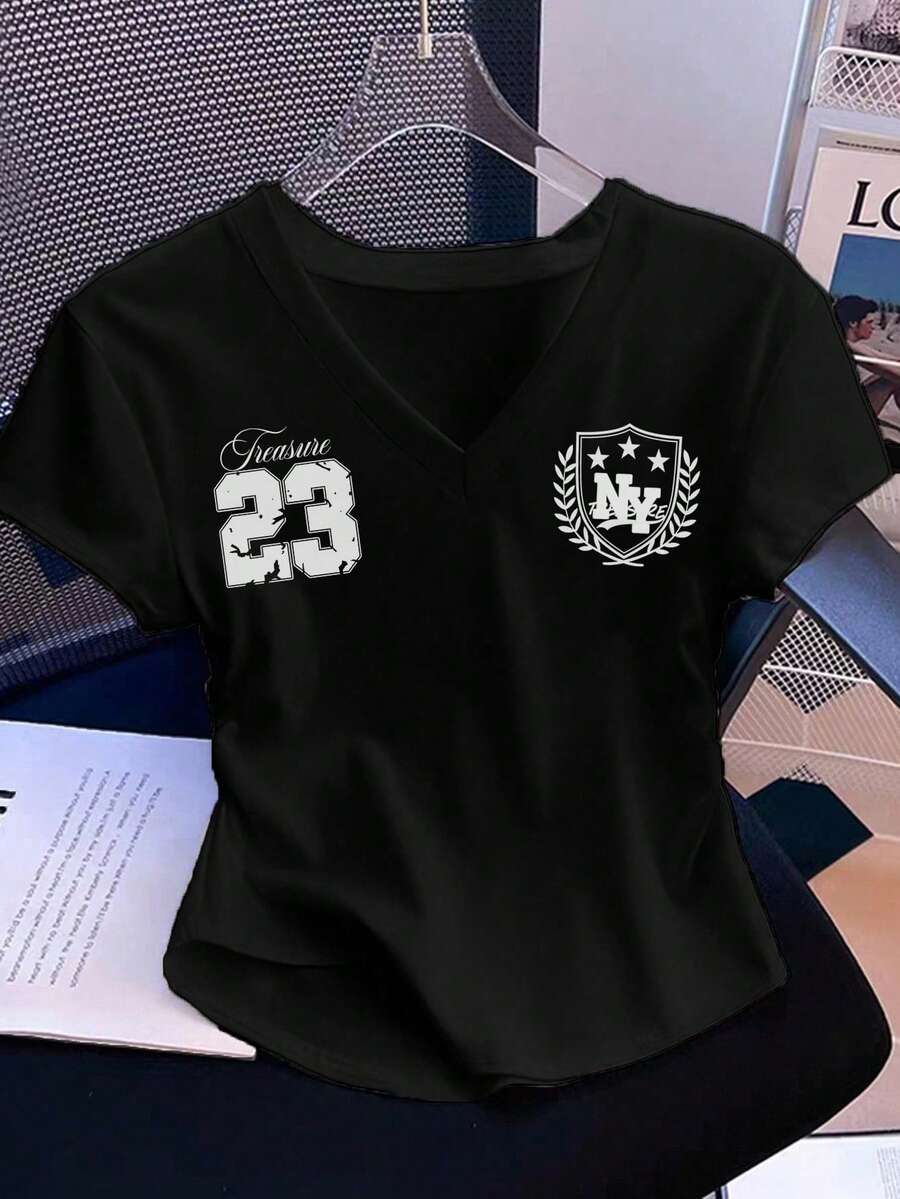 SHEIN EZwear Women's Casual V-Neck Ruched T-Shirt, Suitable For Summer,Graphic Tees Spring - Black - View 1