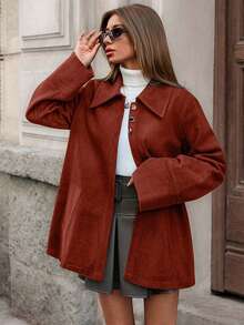 EURMUSE Women, Autumn, Regular Length, Pocket, Snap Button, Velvet Look, Casual, Dailywear - Redwood - View 1