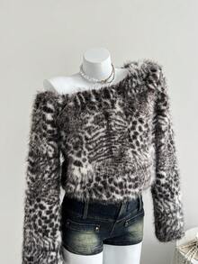 Comfortcana 女式全印花不对称领长袖仿皮草夹克，秋冬 - 彩色 - 查看 6